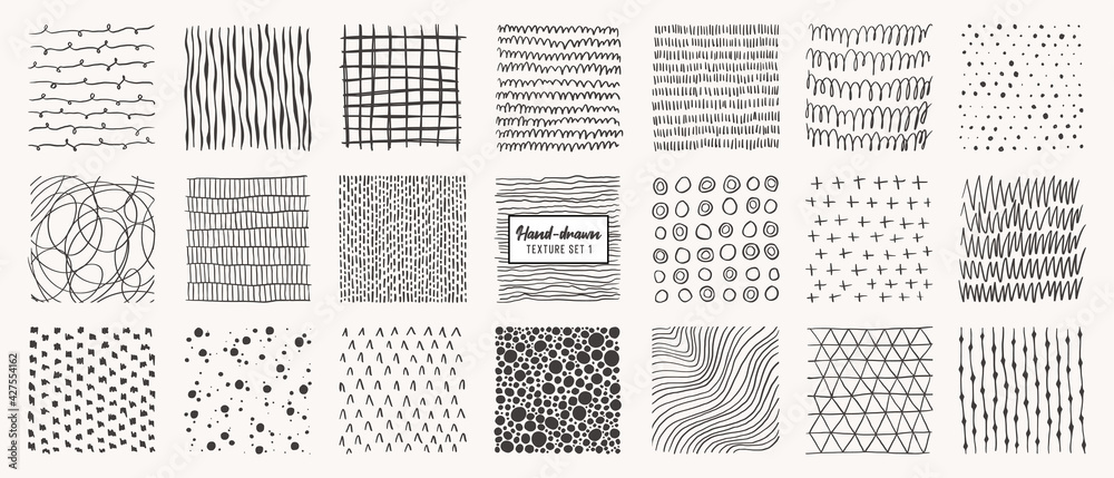 Set of hand drawn patterns isolated. Vector textures made with ink, pencil, brush. Geometric doodle shapes of spots, dots, circles, strokes, stripes, lines. Template for social media, posters, prints.