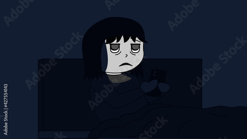 A cartoon of a young woman sitting up in bed with only the light from her phone screen lighting up her face. She has a very tired expression on her face due to revenge bedtime procrastination.