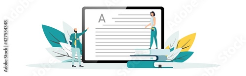 Online education vector illustration. Concept of online courses. e-learning. digital library. e-book. online exam. examination and testing in university. college. Flat illustration for UI, banner.