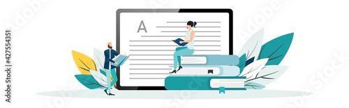 Online education vector illustration. Concept of online courses. e-learning. digital library. e-book. online exam. examination and testing in university. college. Flat illustration for UI, banner.