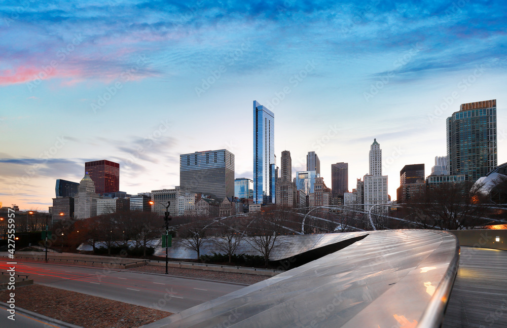 Fototapeta premium Chicago skyline after sunset showing Chicago downtown. Chicago, on Lake Michigan in Illinois, is among the largest cities in the U.S.