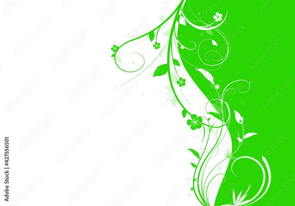 Elegant green and white background with swirls and little leaves and space for your text. Spring illustration.