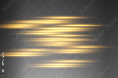 Yellow horizontal lens flares pack. Laser beams, horizontal light rays.Beautiful light flares.