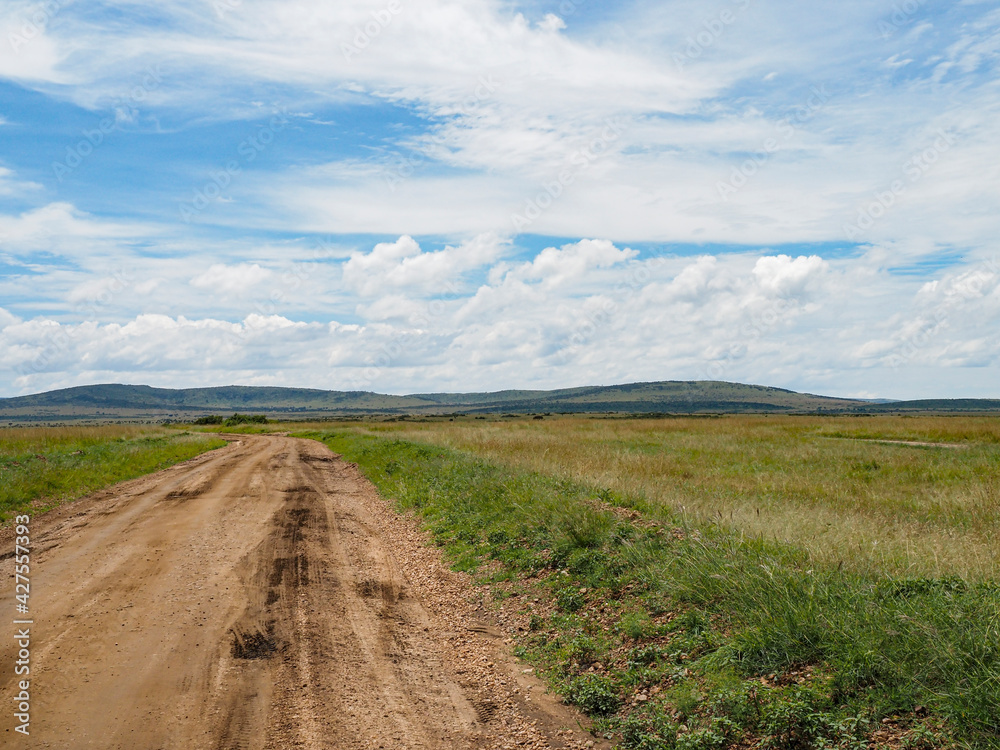 Maasai Mara, Kenya, Africa - February 26, 2020: Dirt road through Maasai Mara Game Reserve in Kenya, Africa