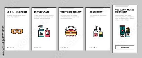 Spa Cosmetics Beauty Onboarding Mobile App Page Screen Vector. Spa Cosmetics And Accessories, Mask And Aqua Bomb, Special Gloves And Brush Illustrations