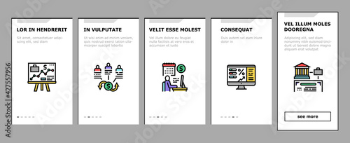 Stakeholder Business Onboarding Mobile App Page Screen Vector. Stakeholder Meeting With Investor And Trade Union, Credit And Dividends, Stock And Bidding Illustrations