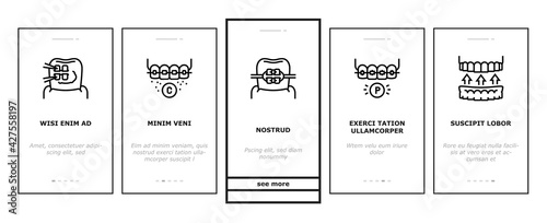 Tooth Braces Accessory Onboarding Mobile App Page Screen Vector. Tooth Braces Installation And Correction, Metal And Sapphire, Ceramic And Plastic Material Illustrations