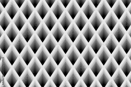 Patrón geométrico consistente en un entramado de rayas blancas con interior en degradado de tonos grises y con efecto de profundidad.