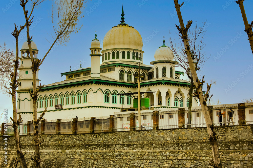 Mosque at Awantipura, about 30 km from Srinagar, on the highway to Anantnag, in Pulwama district of Kashmir, India.  The mosque, or Masjid, is situated on the banks of the Jhelum River.