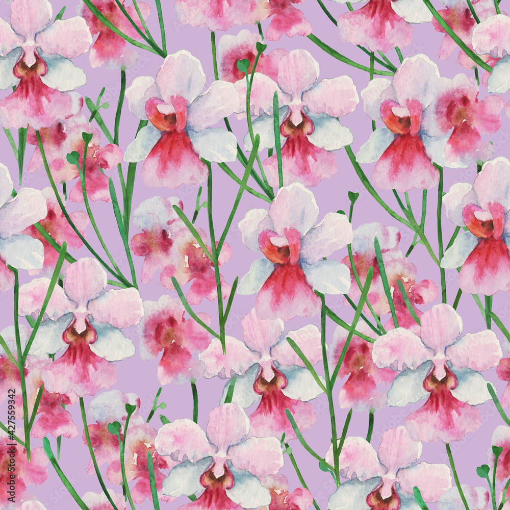 Seamless pattern with orchid Vanda Miss Joaquim, national Singapore flower. Watercolor painting.