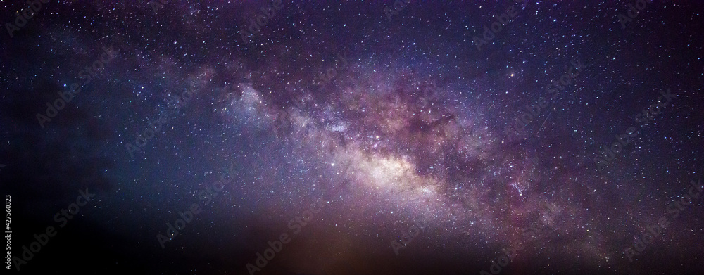 Panorama blue night sky milky way and star on dark background.Universe filled with stars, nebula and galaxy with noise and grain.Photo by long exposure and select white balance.