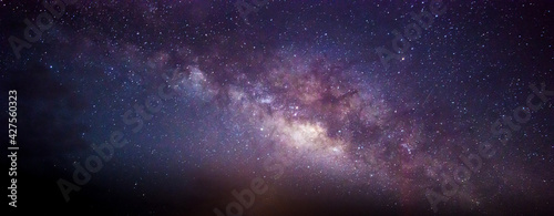 Panorama blue night sky milky way and star on dark background.Universe filled with stars  nebula and galaxy with noise and grain.Photo by long exposure and select white balance.