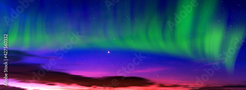 Panorama A beautiful green aurora and blue sky background with stars.