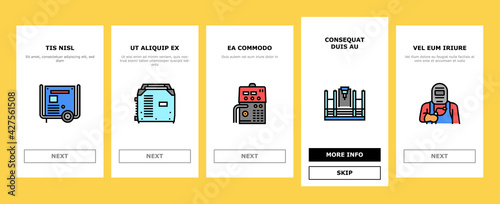 Welding Machine Tool Onboarding Mobile App Page Screen Vector. Welding Equipment And Electrodes, Manual Arc And Plasma, Electroslag And Spot Illustrations