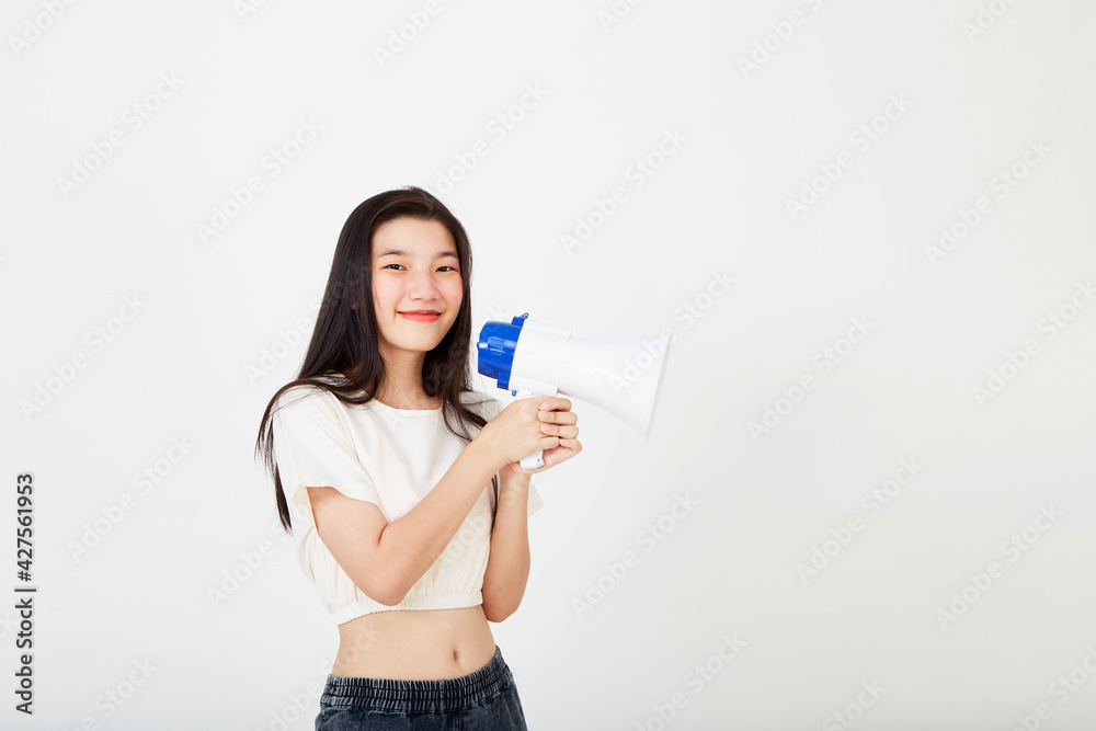 Woman holding a megaphone on white Woman holding a megaphone on white