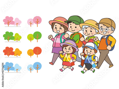 ハイキングをする家族　四季