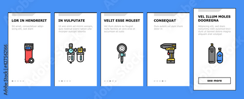 Air Compressor Tool Onboarding Mobile App Page Screen Vector. Screw And Piston, Membrane And Centrifugal, Diesel And Rotary Compressor Equipment Illustrations