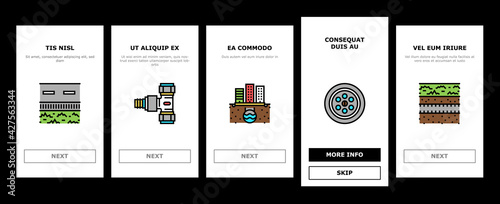 Drainage Water System Onboarding Mobile App Page Screen Vector. Road And House, City And Industry Drain System, Bath And Sink Drainage Hole Illustrations