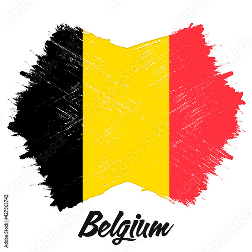 Belgium flag, banner with grunge brush. Independence Day. National tricolor in original colors.