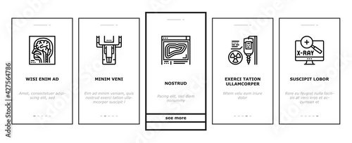 Radiology Equipment Onboarding Mobile App Page Screen Vector. Mri And Ultrasound, Ct Scan And Fluoroscope Radiology Hospital Medical Device Illustrations