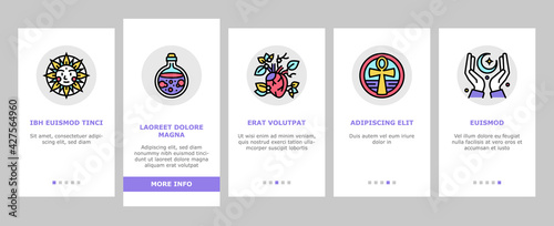 Astrological Objects Onboarding Mobile App Page Screen Vector. Crystals And Ball, Love Potion And Tarot Cards, Sun Occult Symbol And Mystical Ornament Illustrations © vectorwin