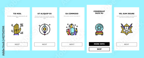 Astrological Objects Onboarding Mobile App Page Screen Vector. Crystals And Ball, Love Potion And Tarot Cards, Sun Occult Symbol And Mystical Ornament Illustrations