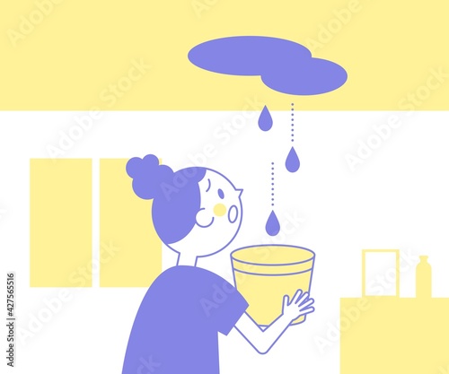 雨漏り 困っている女性 室内 天井 ベクター イラスト