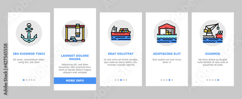 Container Port Tool Onboarding Mobile App Page Screen Vector. Port Crane Loader For Loading Boxes On Ship And Storehouse, Buoy And Lighthouse, Delivery Service Illustrations
