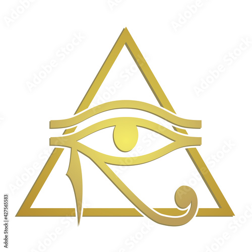 Eye of Horus inside the pyramid. Ancient Egyptian religious symbol. Amulet Wadget. Isolated vector image in gold on white background. Vector icon