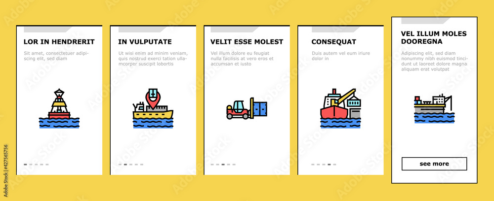 Fototapeta premium Container Port Tool Onboarding Mobile App Page Screen Vector. Port Crane Loader For Loading Boxes On Ship And Storehouse, Buoy And Lighthouse, Delivery Service Illustrations