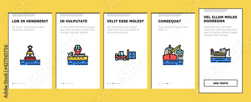 Container Port Tool Onboarding Mobile App Page Screen Vector. Port Crane Loader For Loading Boxes On Ship And Storehouse, Buoy And Lighthouse, Delivery Service Illustrations