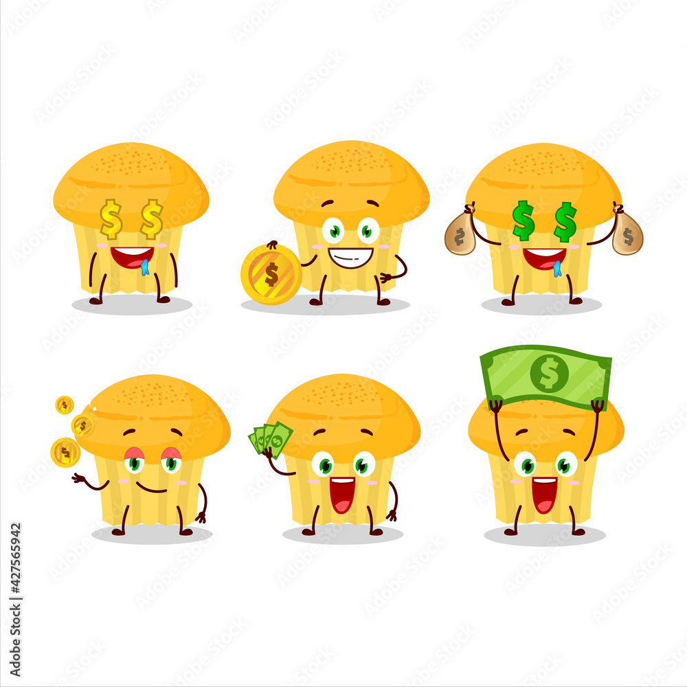 Cheese muffin cartoon character with cute emoticon bring money Cheese muffin cartoon character with cute emoticon bring money