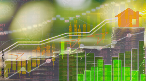 Coin and chart showing the investment idea and profitability statistically increased from the last quarter from economic trade to the real estate target of global stock markets.