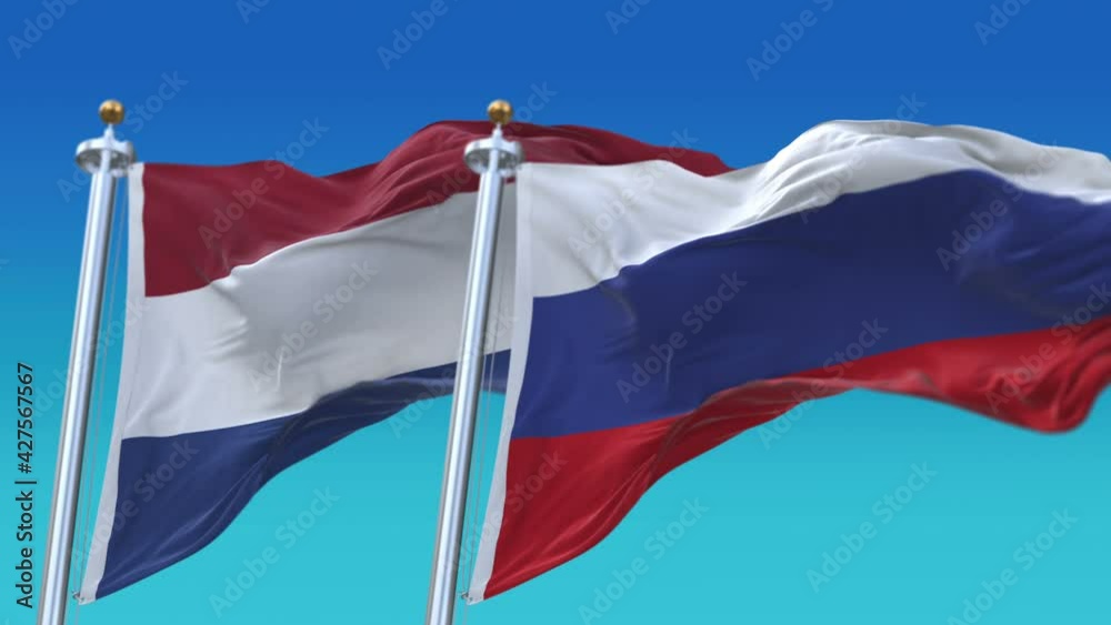 4k Seamless Netherlands Holland and Russia Flags with blue sky background;A fully digital rendering;The animation loops at 20 seconds;NED NL RUS RU. 4k Seamless Netherlands Holland and Russia Flags with blue sky background;A fully digital rendering;The animation loops at 20 seconds;NED NL RUS RU.