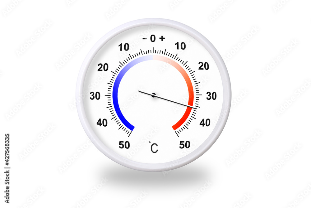 Outdoor thermometer on white background. Ambient temperature plus 36 degrees celsius Outdoor thermometer on white background. Ambient temperature plus 36 degrees celsius