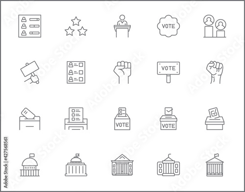 Set of vote and politics line style. It contains such Icons as democracy, government, tribune, president, protest, voting, polls and other elements. customize color, easy resize.