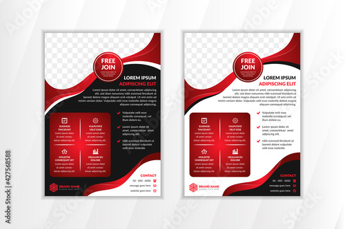 Set of Vector design of the black and red flyers with places for photo. Vector templates for your business in A4 size. Wave element with black and white background. 