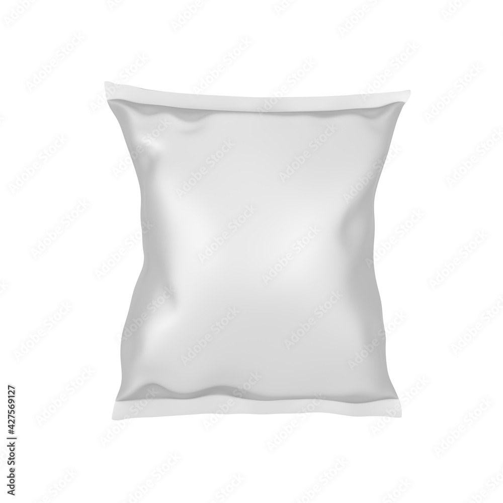 3d blank white plastic bag for packaging design. Mockup template for food snack, chips, cookies, peanuts, candy. Realistic illustration Isolated on white background.