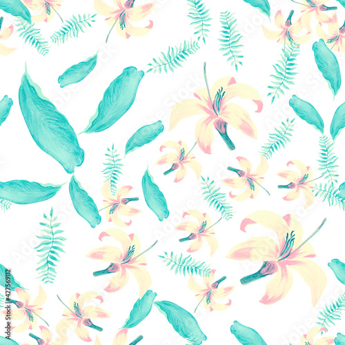 Azure Pattern Palm. Indigo Tropical Background. Yellow Seamless Design. Gray Decoration Leaf. Blue Spring Vintage. White Flower Exotic. Wallpaper Art.