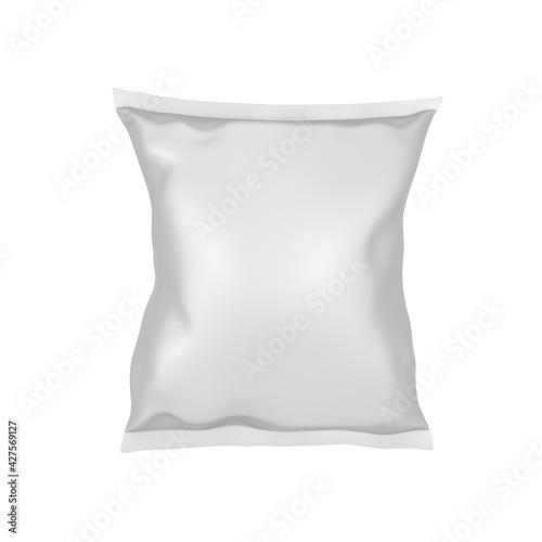 3d blank white plastic bag for packaging design. Mockup template for food snack, chips, cookies, peanuts, candy. Realistic illustration Isolated on white background.
