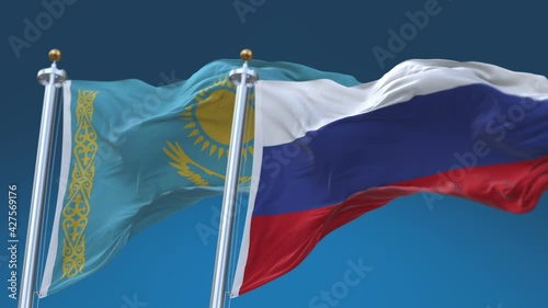 4k Seamless Kazakhstan and Russia Flags with blue sky background;A fully digital rendering;The animation loops at 20 seconds;KAZ RUS RU. photo