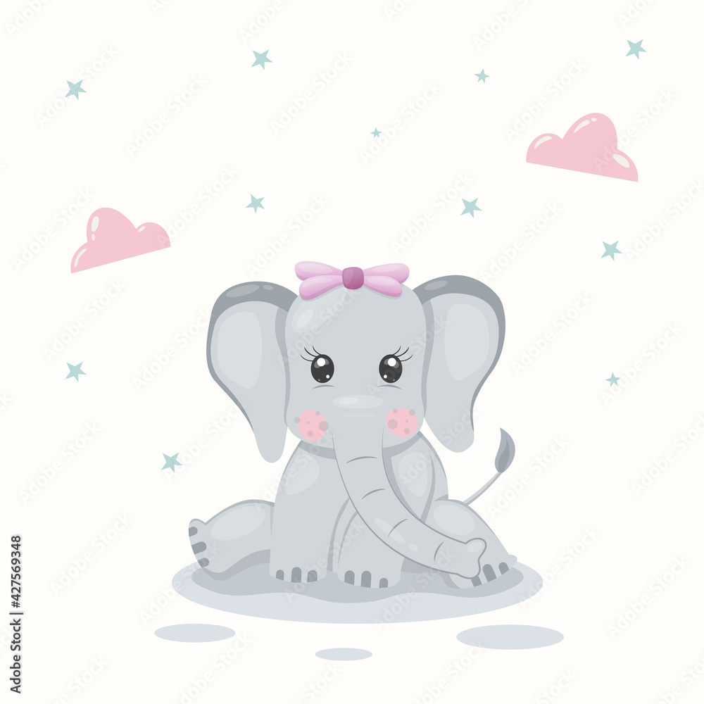 Fototapeta premium elephant cute character concept with cartoon smile face and modern flat style