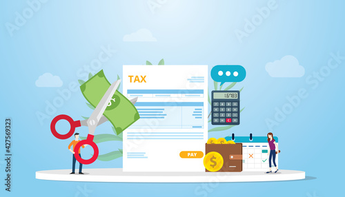 tax deduction or reduction concept with people cutting money on taxes document with scissors with modern flat style photo