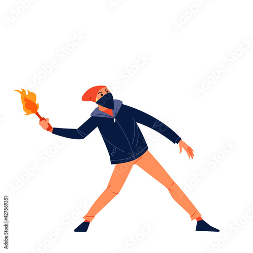 Street riots protests. An aggressive man of Radical youth throws a cocktail Molotov at the riot police. Flat style character vector illustration isolated