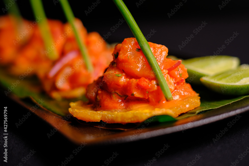 chopped salmon fried plantain gourmet delicious appetizer chopped salmon fried plantain gourmet delicious appetizer