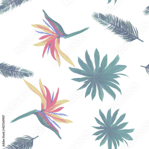 Organic Pattern Nature. White Seamless Painting. Natural Tropical Vintage. Flower Exotic. Summer Plant. Flora Foliage. Floral Textile. Drawing Leaf.