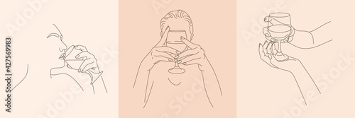 Set of Female Figures Holding a Glass of Wine in a Minimal Trendy Style. Vector linear illustrations of women's bodies