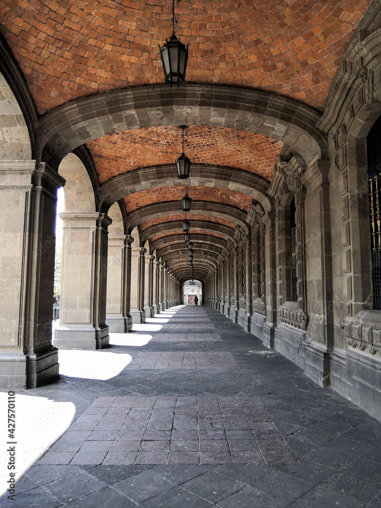 Corridors with columns in historic building,  Historic Center of Mexico City
