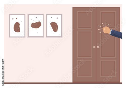 A knock on the door. The man's hand is knocking on the door. Please allow me to enter the room. Office space. An assertive, persistent businessman, client, manager, guest or salesperson. Vector