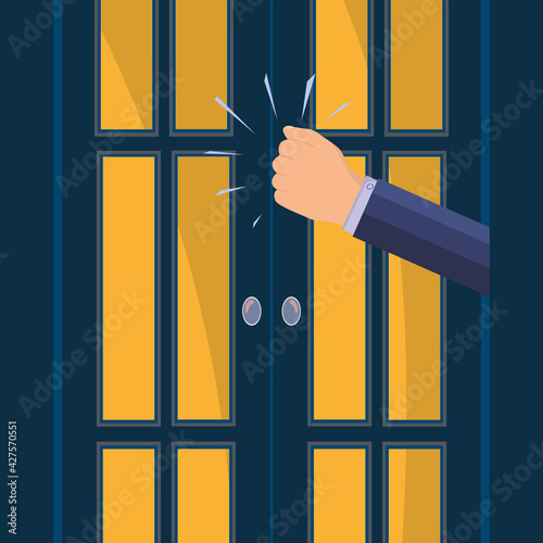 A knock on the door. The man's hand is knocking on the door. Please allow me to enter the room. A persistent businessman. The light is on. Vector
